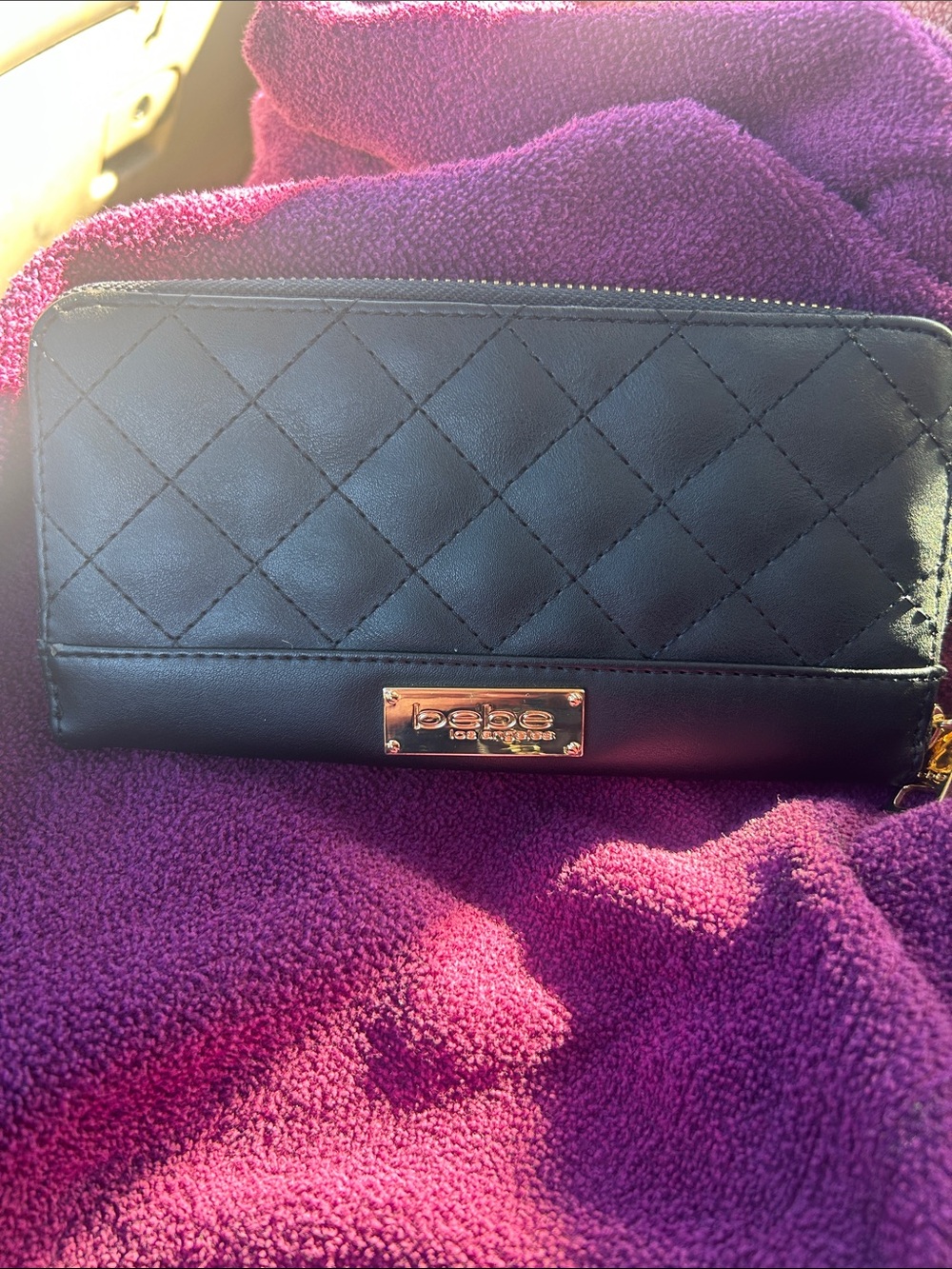 bebe Black Quilted Zip Wallet with Gold Plate